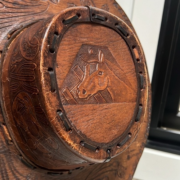 Vintage Leather Hand Tooled Hand Made Leather Western Gaucho Hat Sz 7 1/2 main image 8